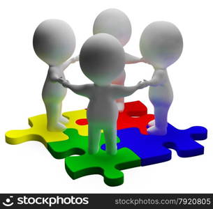Puzzle Solved And 3d Characters Shows Unity And Teamwork. Puzzle Solved And 3d Characters Showing Unity And Teamwork