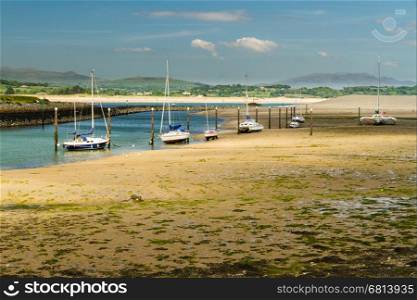 Pwllheli Harbor, the mouth of river afon Erch. Llyn Peninsula, Gwynedd, Wales, United Kingdom