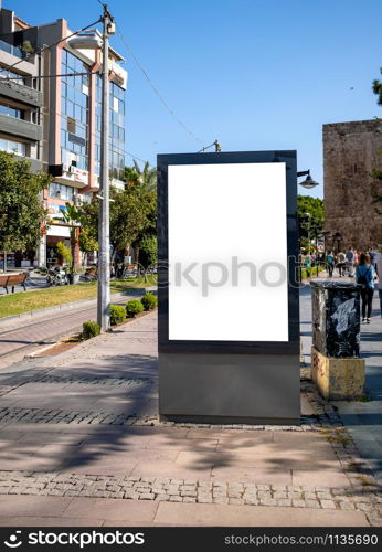Pylon mock up in the city on sunny day. Blank billboard mockup. Blank billboard mockup