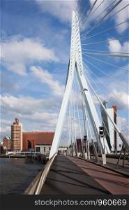 Pylon of Erasmus Bridge (Erasmusbrug), a cable-stayed suspension bridge in the city of Rotterdam, Netherlands.
