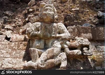 Pyramid and stone monkey in Copan, Honduras
