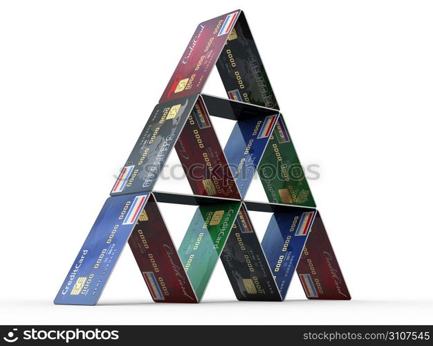 Pyramid from credit cards on white isolated backgrond. 3d