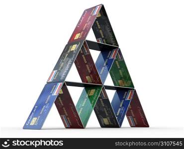 Pyramid from credit cards on white isolated backgrond. 3d