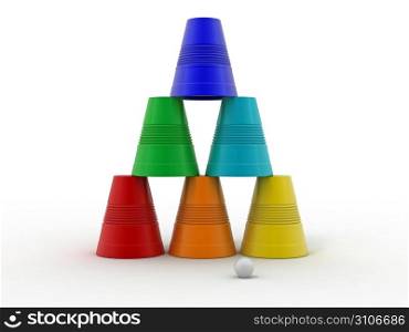 Pyramid from inverted plastic cups on isolated background. 3d