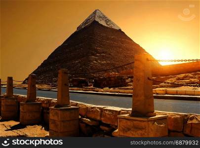 Pyramid of Khafre near road at sunlight