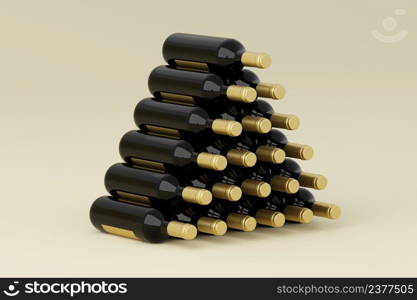 Pyramid of red wine bottles. Product, alcohol, beverage and advertisement concept. 3D illustration.