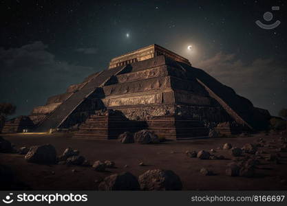 Pyramid of Sun in Teotihuacan at night, fantasy view of ancient ruins in Mexico created by generative AI