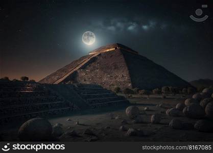 Pyramid of Sun in Teotihuacan at night, fantasy view of ancient ruins in Mexico created by generative AI