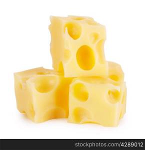 Pyramid of three cubes of cheese isolated on white background