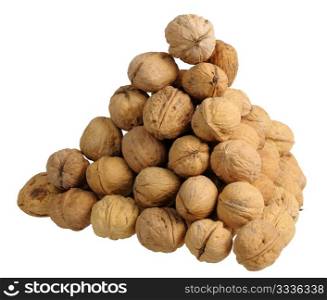 Pyramid of walnuts on white background, isolated