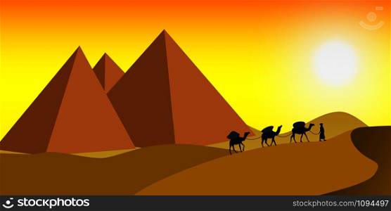 Pyramids with camels walking in the desert, 3D rendering