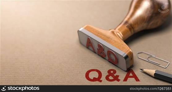 Q and A, question and answer rubber stamp over paper background. 3D illustration . Q&A