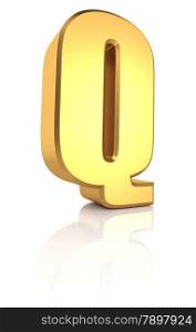 Q letter. Gold metal letter on reflective floor. White background. 3d render