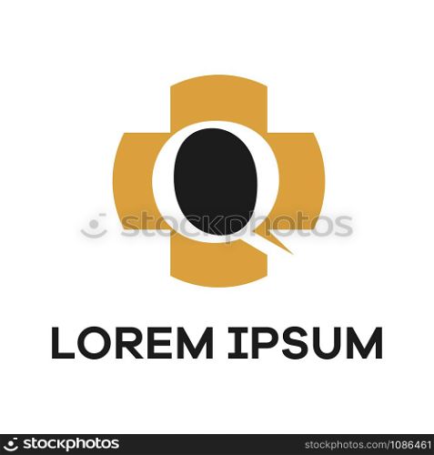 Q letter logo design. Letter q in medical plus shape vector illustration. Pharmacy and health care logo.