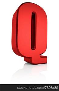 Q letter. Red letter on reflective floor. White background. 3d render