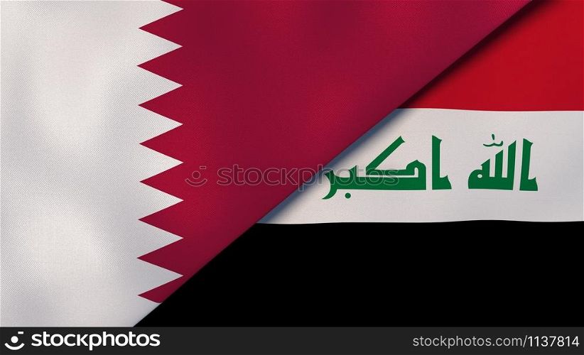 Qatar Iraq national flags. News, reportage, business background. 3D illustration.. Qatar Iraq national flags. News, reportage, business background. 3D illustration