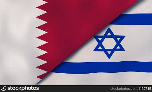 Qatar Israel national flags. News, reportage, business background. 3D illustration.. Qatar Israel national flags. News, reportage, business background. 3D illustration
