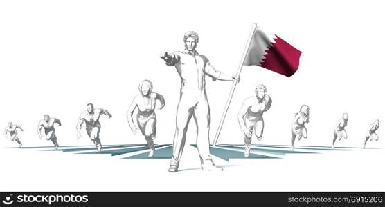Qatar Racing to the Future with Man Holding Flag. Qatar Racing to the Future