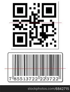 QR code and barcode with scanning red line.