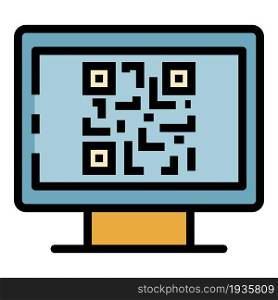 QR code on the monitor icon. Outline QR code on the monitor vector icon color flat isolated. QR code on the monitor icon color outline vector