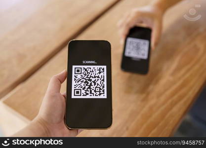 Qr code payment. E wallet. Man scanning tag accepted generate digital pay without money.scanning QR code online shopping cashless payment and verification technology concept