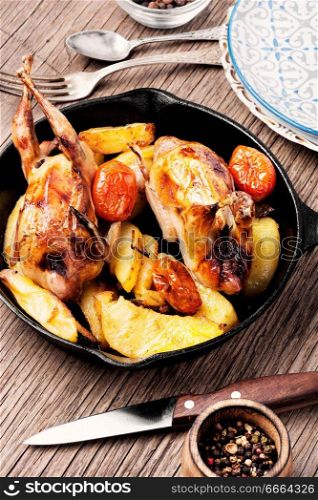 Quail baked with a garnish of potatoes in pan. Roasted quail with vegetable