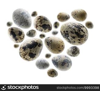 Quail eggs in in the shape of a heart on a white background.. Quail eggs in in the shape of a heart on a white background