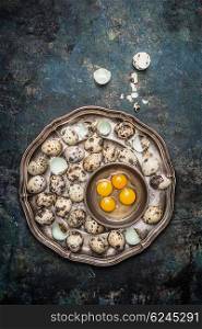 Quail eggs in metal plate on rustic background, top view