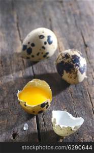 Quail eggs on old wood background