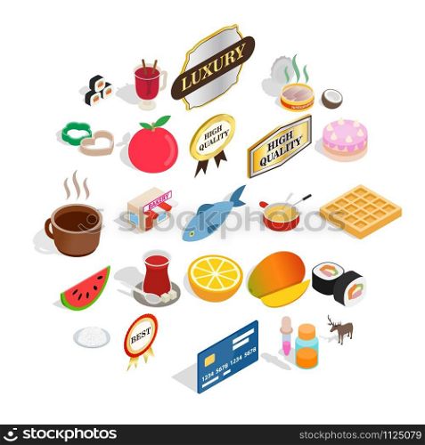 Quality food icons set. Isometric set of 25 quality food vector icons for web isolated on white background. Quality food icons set, isometric style