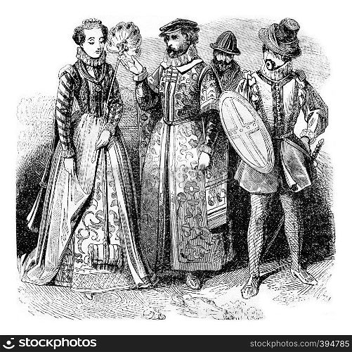 Quality lady, Rich merchant, Gentleman, vintage engraved illustration. Colorful History of England, 1837.