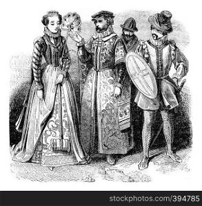 Quality lady, Rich merchant, Gentleman, vintage engraved illustration. Colorful History of England, 1837.