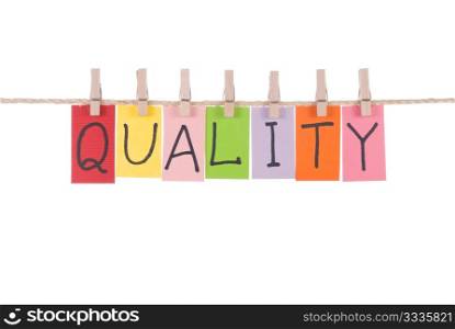 Quality, paper words card hang by wooden peg