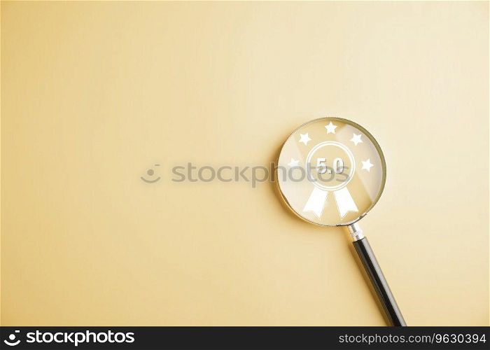 Quality warranty and assurance concept depicted with a magnifying glass and five-star icon. Representing ISO certification, standards, and customer satisfaction. Symbolizing success and guarantee.