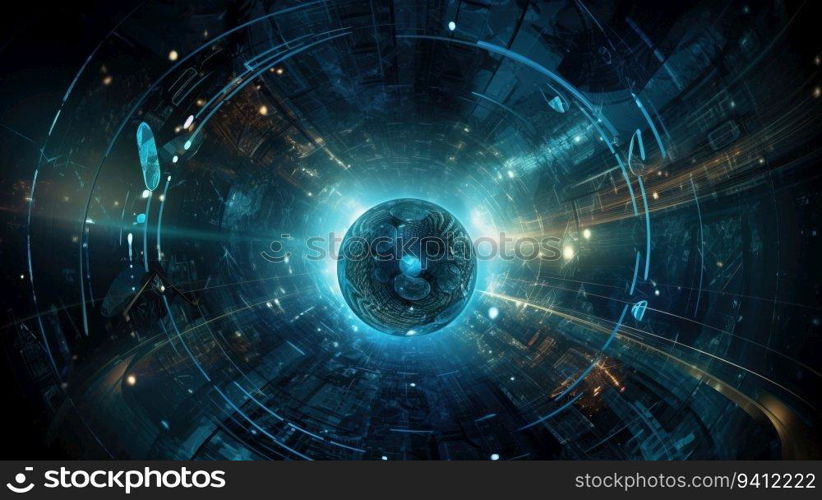Quantum space explosion, colorful lines abstract scientific visualization, dark background. Header banner mockup with copy space. AI generated.. Quantum space explosion, colorful lines abstract scientific visualization, dark background. AI generated.