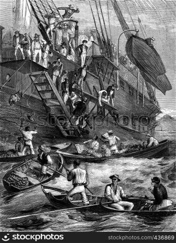 Quarantine. Boats and fruit vendors, vintage engraved illustration. Journal des Voyages, Travel Journal, (1879-80).