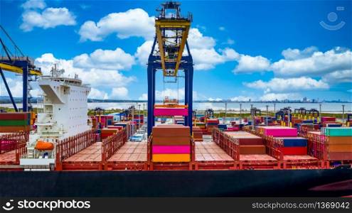 Quay crane, Crane of container terminal in industrial sea port, Sea cargo port with container ship and crane with blue sky background, Business logistic import export transportation by cargo vessel.