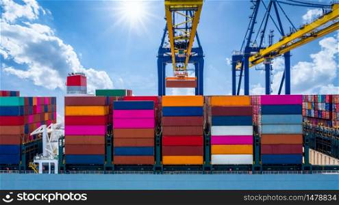 Quay crane, Crane of container terminal in industrial sea port, Sea cargo port with container ship and crane with blue sky background, Business logistic import export transportation by cargo vessel.