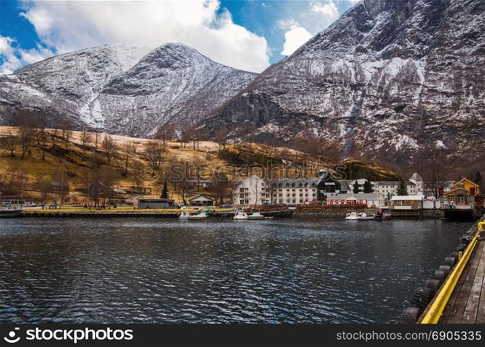 Quay fjord with mountains in the background in the Norwegian town of Flam