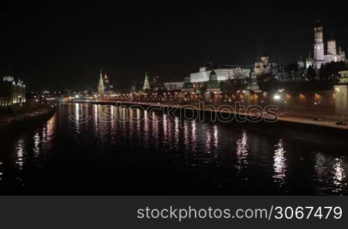 Quay near the Moscow Kremlin at night. Real time shot. Time lapse is also available.