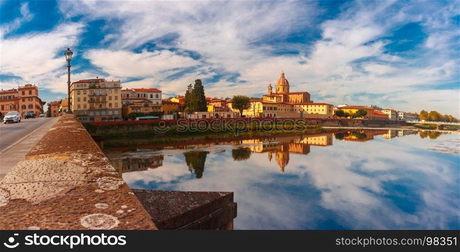 Quay of the river Arno in Florence, Italy. Quay of the river Arno in Florence and church San Frediano in Cestello in the sunny day, Tuscany, Italy