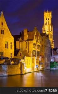 Quay of the Rosary in Bruges at night, Belgium