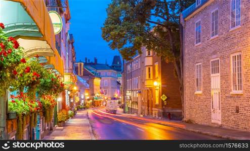 QUEBEC CITY, QUEBEC, CANADA - September 23, 2019 : Old town area in Quebec city, Canada at twilight