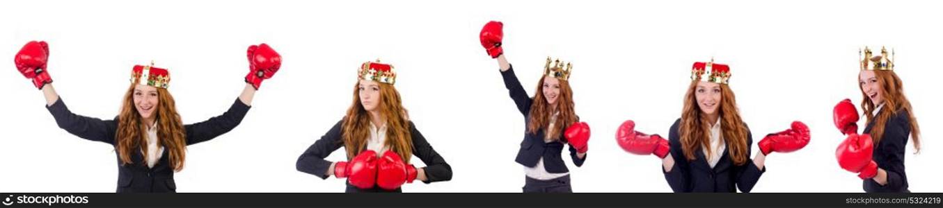 Queen boxer businesswoman isolated on white