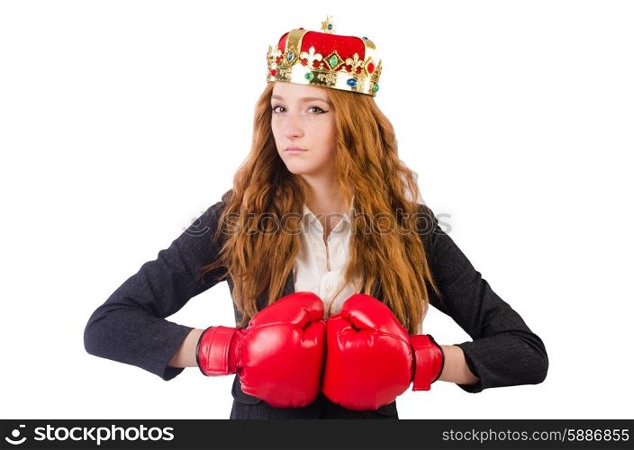 Queen boxer businesswoman isolated on white