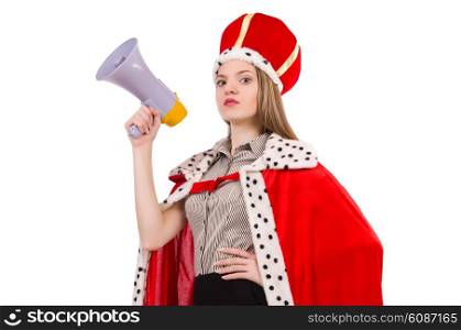 Queen businessman with loudspeaker in funny concept