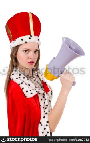 Queen businessman with loudspeaker in funny concept