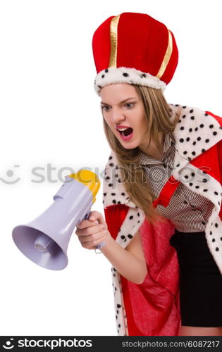 Queen businessman with loudspeaker in funny concept