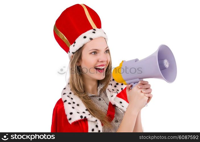 Queen businessman with loudspeaker in funny concept
