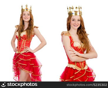 Queen in red dress isolated on white